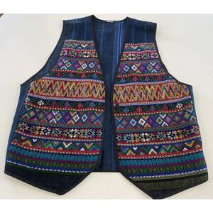 Womens Vest Aztec Western Concho Indian Rave Embroidered Cowboy Blue Ranch
